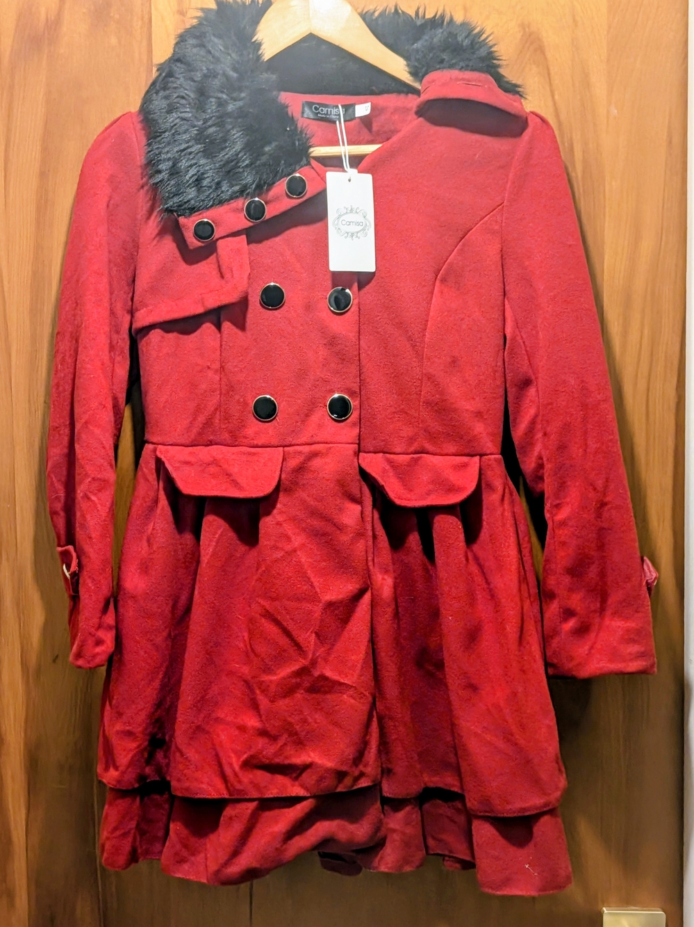 Cameo Red Double-Breasted Pea Coat with Black Faux Fur Collar